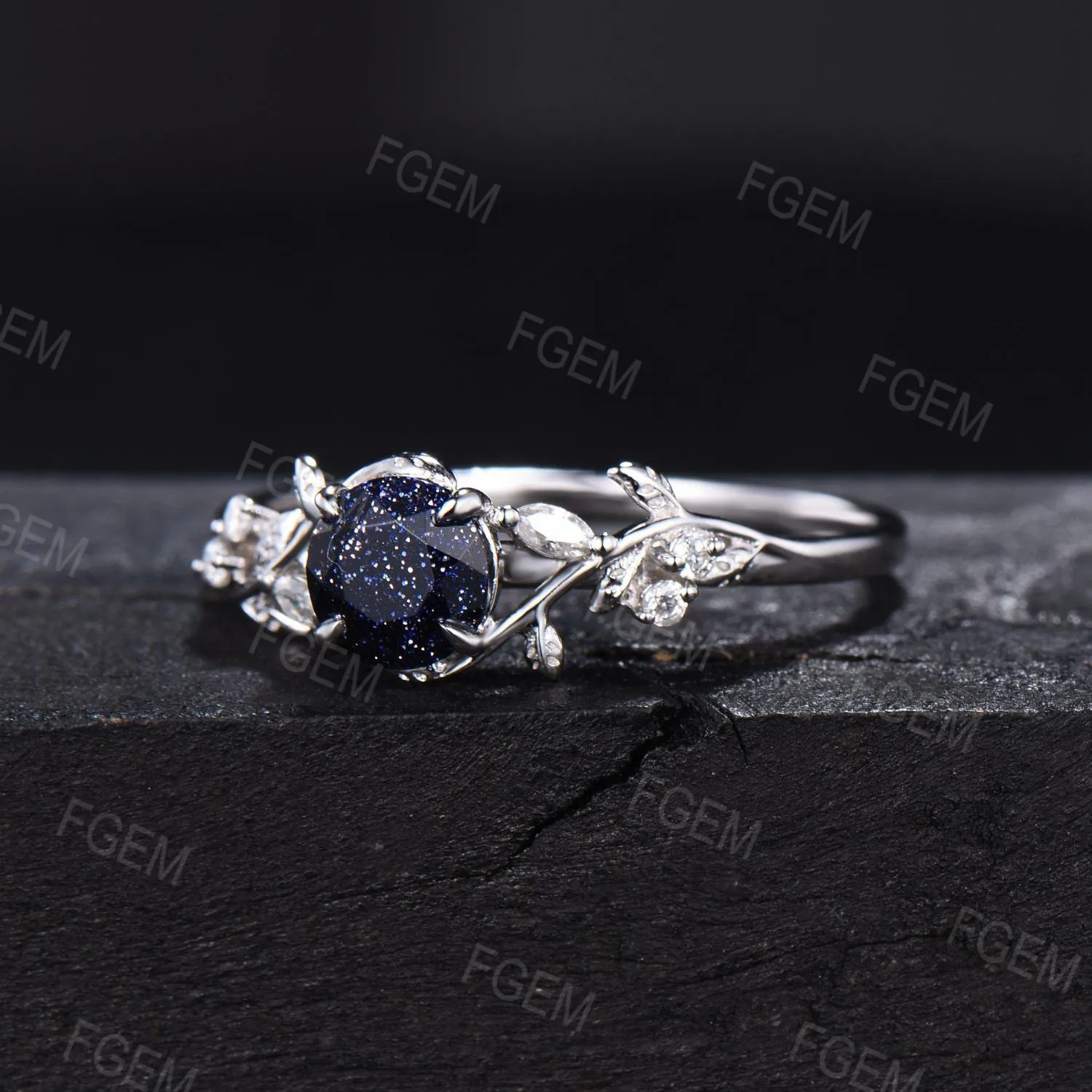 1ct Nature Inspired Round Cut Blue Sandstone Engagement Ring Cluster Moissanire Diamond Ring Blue Goldstone Promise Ring Anniversary Gift Women