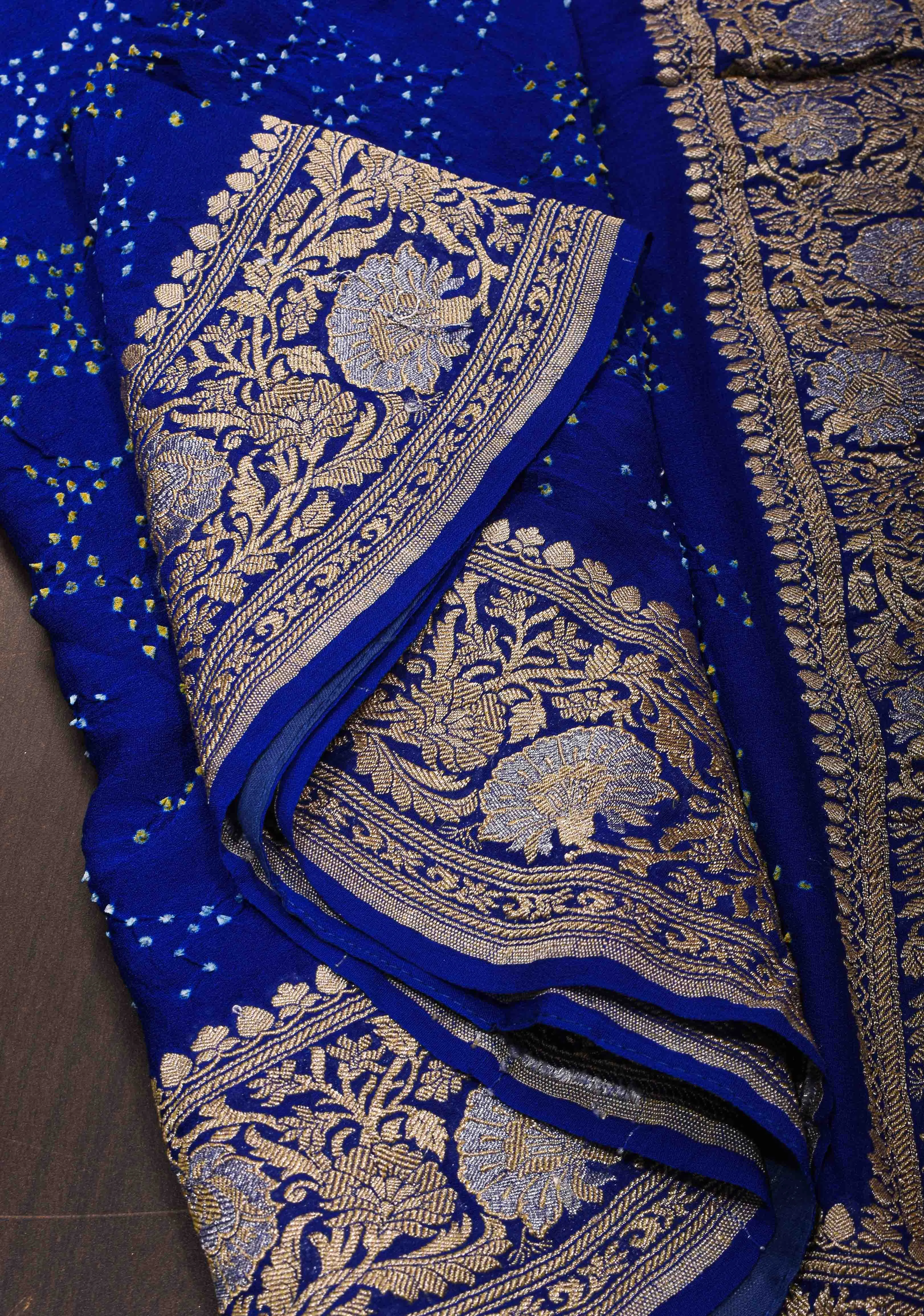 Authentic Sarkam Bandhej Silk Georgette Saree in Blue with Sona Rupa Zari Border | SILK MARK CERTIFIED