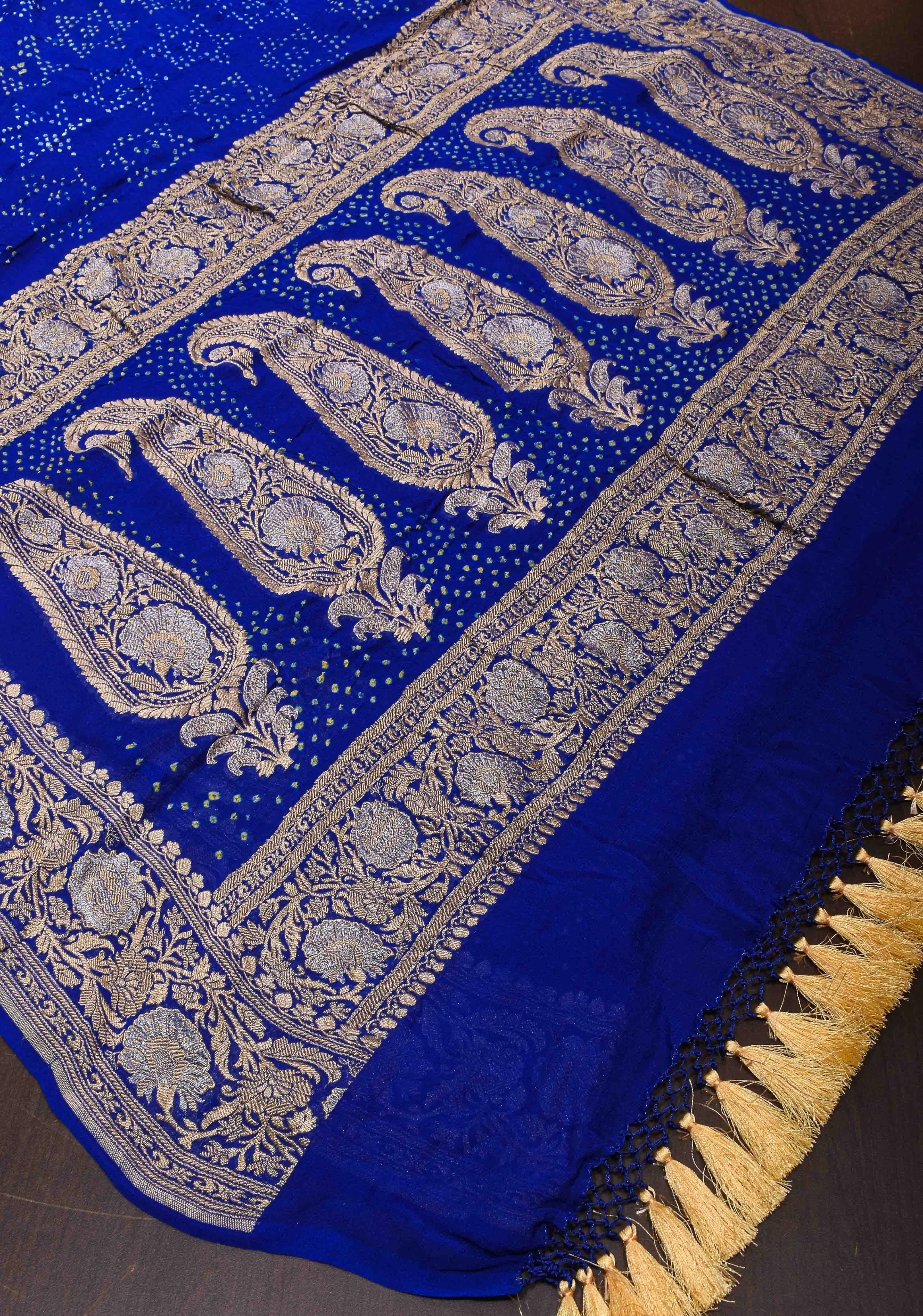 Authentic Sarkam Bandhej Silk Georgette Saree in Blue with Sona Rupa Zari Border | SILK MARK CERTIFIED