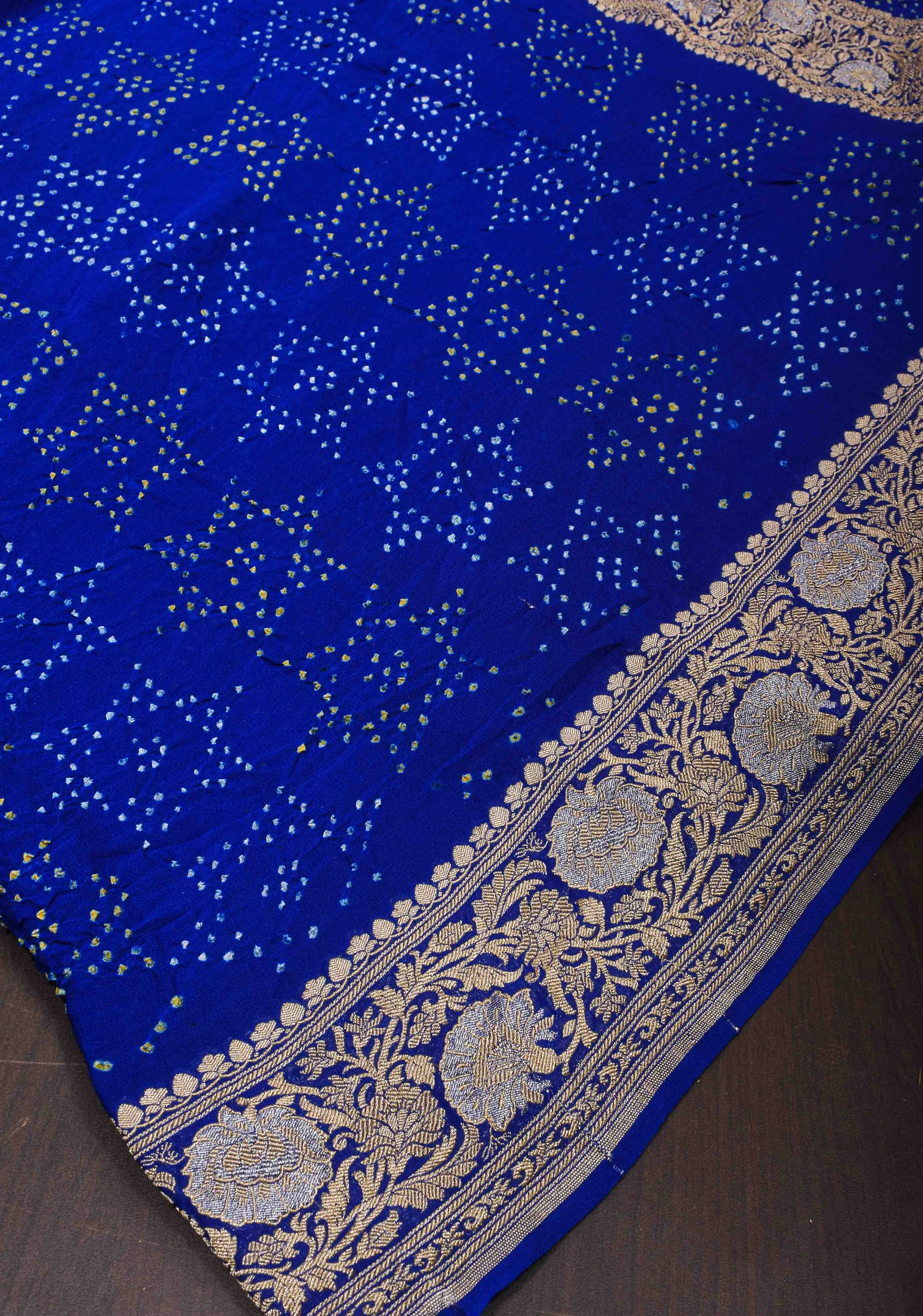 Authentic Sarkam Bandhej Silk Georgette Saree in Blue with Sona Rupa Zari Border | SILK MARK CERTIFIED