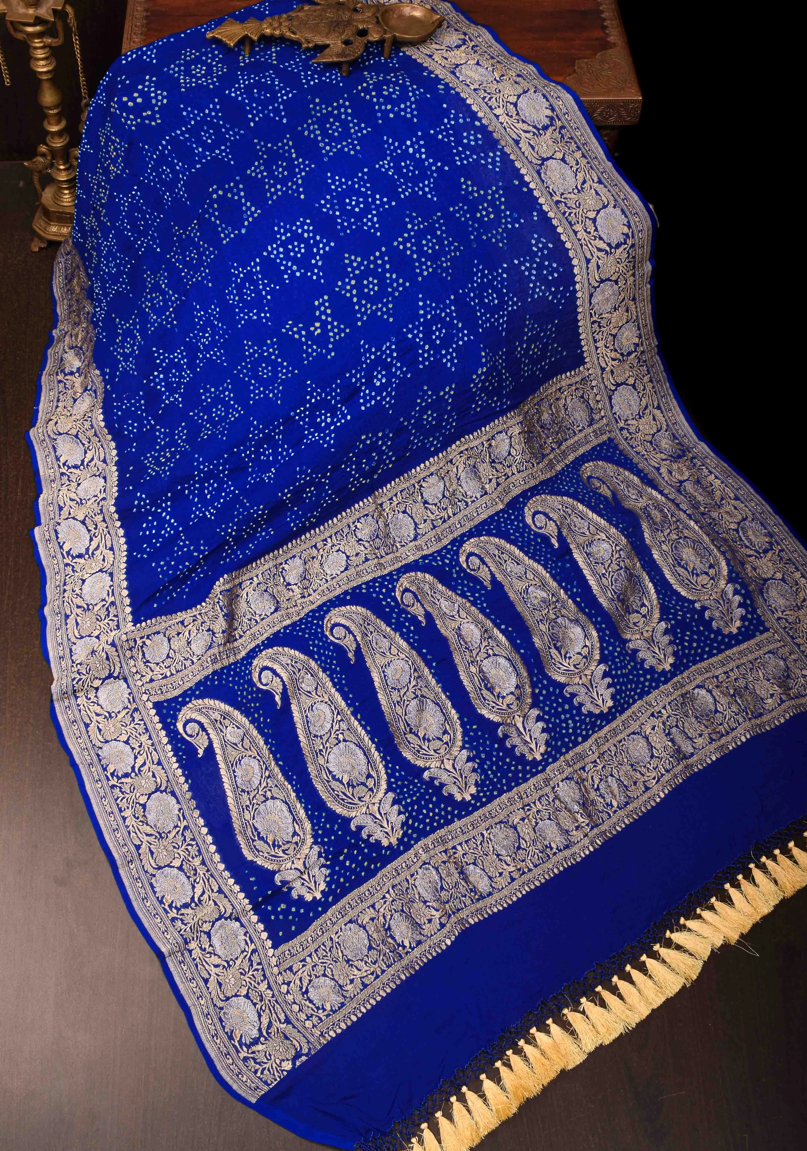 Authentic Sarkam Bandhej Silk Georgette Saree in Blue with Sona Rupa Zari Border | SILK MARK CERTIFIED