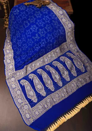 Authentic Sarkam Bandhej Silk Georgette Saree in Blue with Sona Rupa Zari Border | SILK MARK CERTIFIED
