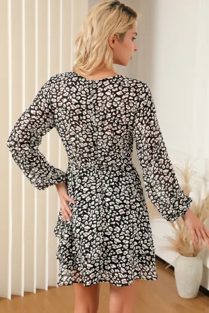 Black and White Leopard Print V Neck Mini Dress