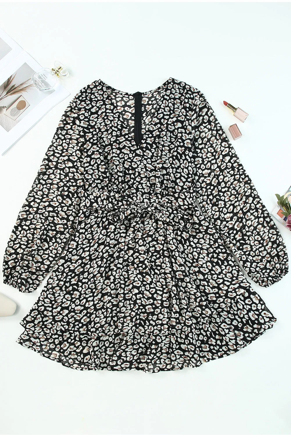 Black and White Leopard Print V Neck Mini Dress