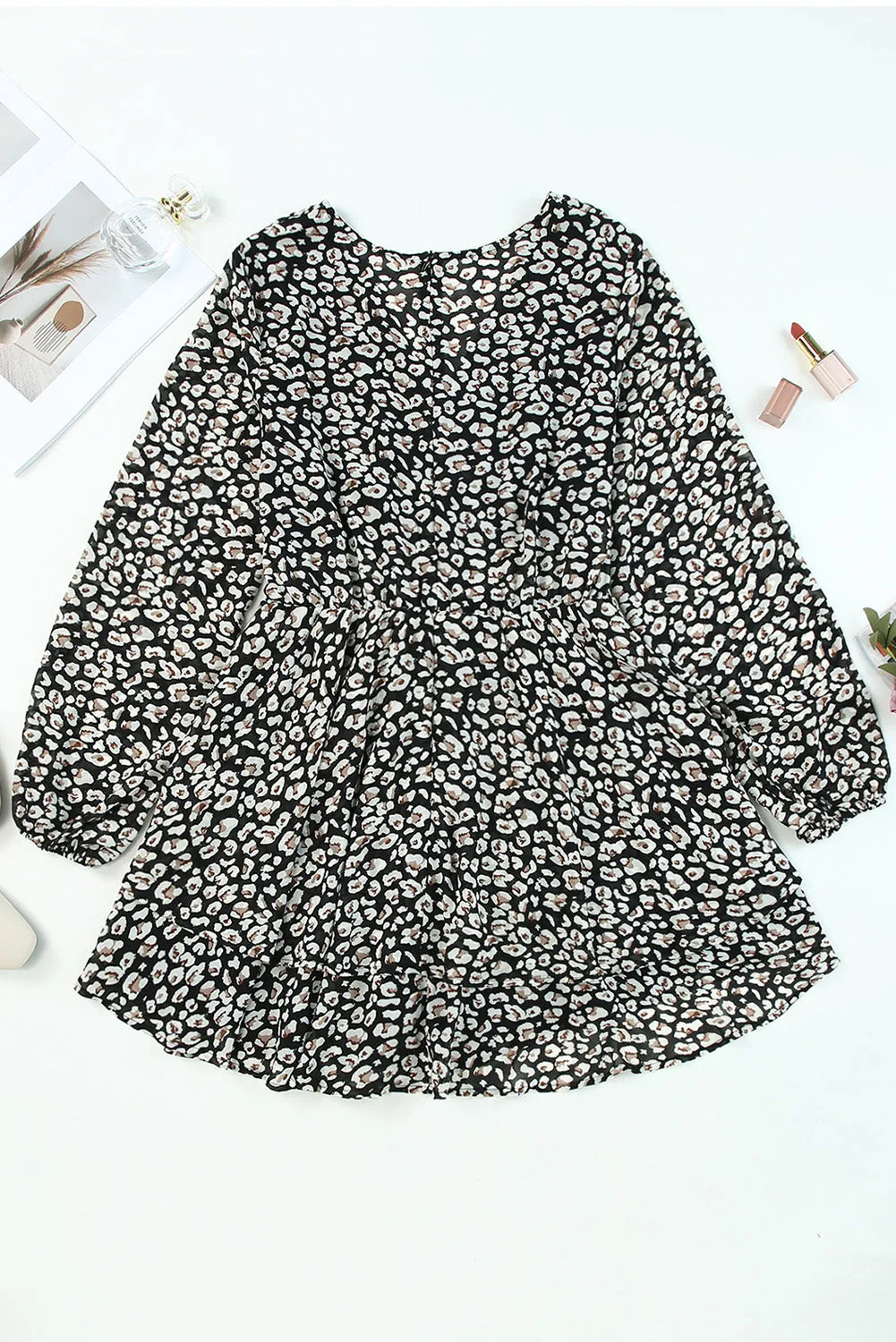 Black and White Leopard Print V Neck Mini Dress