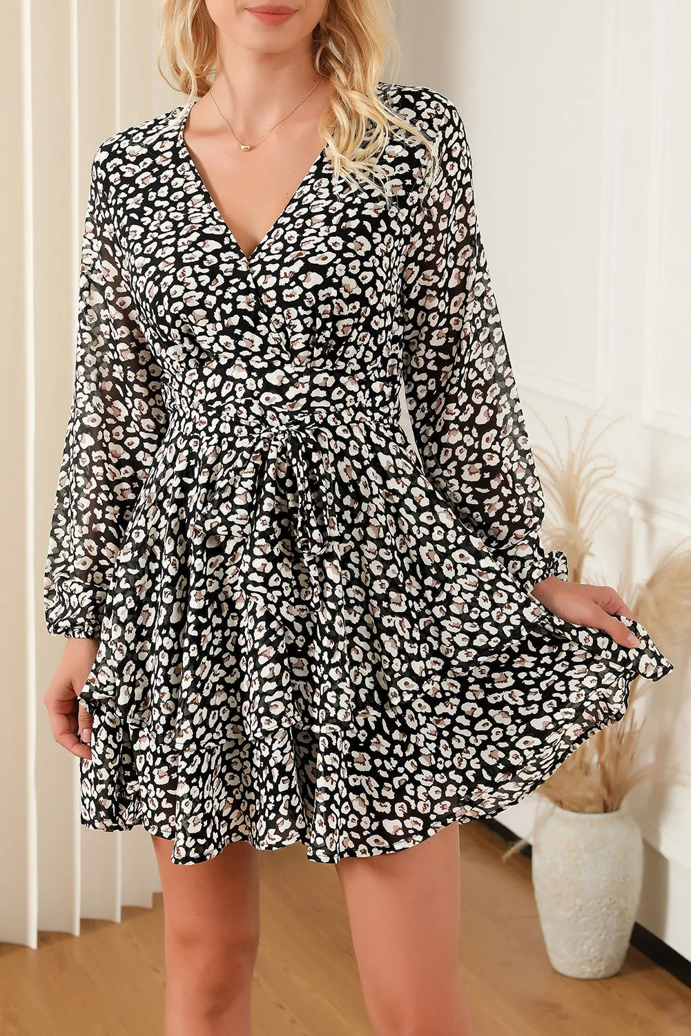 Black and White Leopard Print V Neck Mini Dress