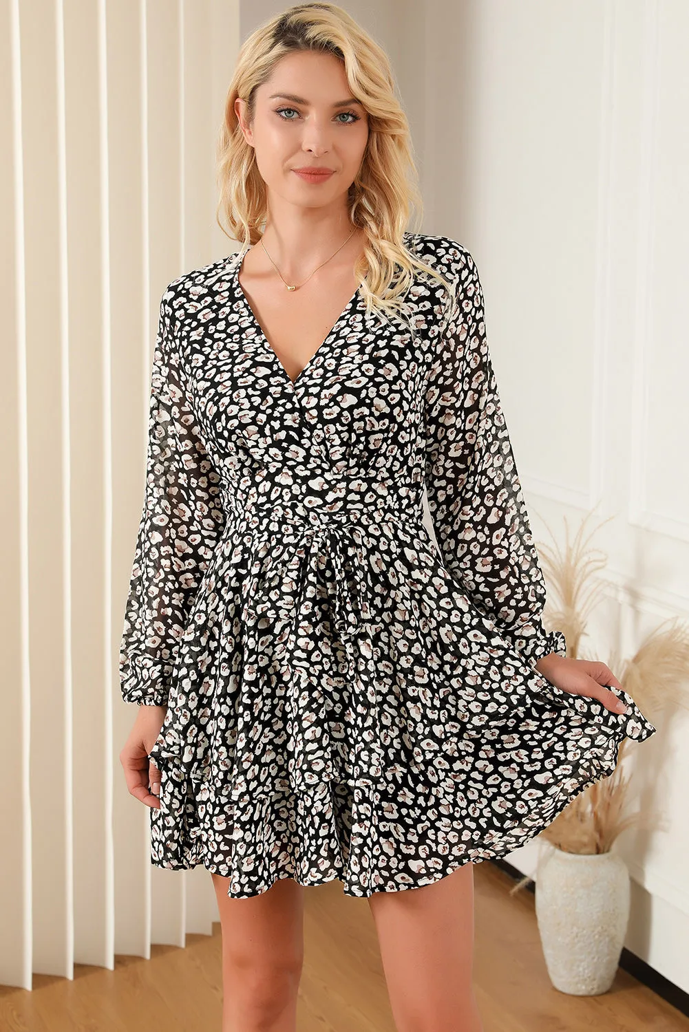 Black and White Leopard Print V Neck Mini Dress