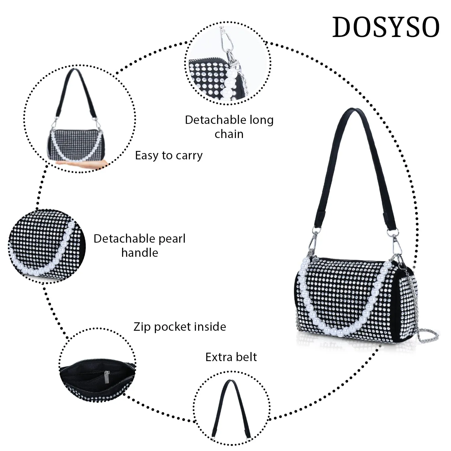 DOSYSO Crossbody sling Bag with Chain strap side Bag Evening Clutch Pearl Handle Designer Handbags for Women Stylish Latest Girls Glitter Ladies Stone Purse Wallet for Party Wedding (SILVER)
