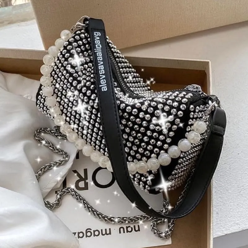 DOSYSO Crossbody sling Bag with Chain strap side Bag Evening Clutch Pearl Handle Designer Handbags for Women Stylish Latest Girls Glitter Ladies Stone Purse Wallet for Party Wedding (SILVER)