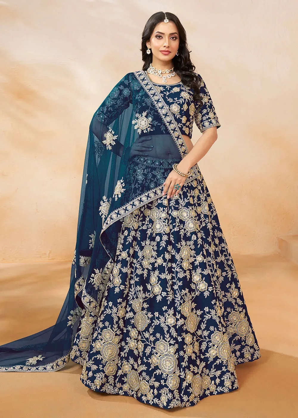 Elegant Designer Navy Blue Embroidered Art Silk Lehenga Choli