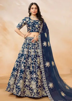 Elegant Designer Navy Blue Embroidered Art Silk Lehenga Choli