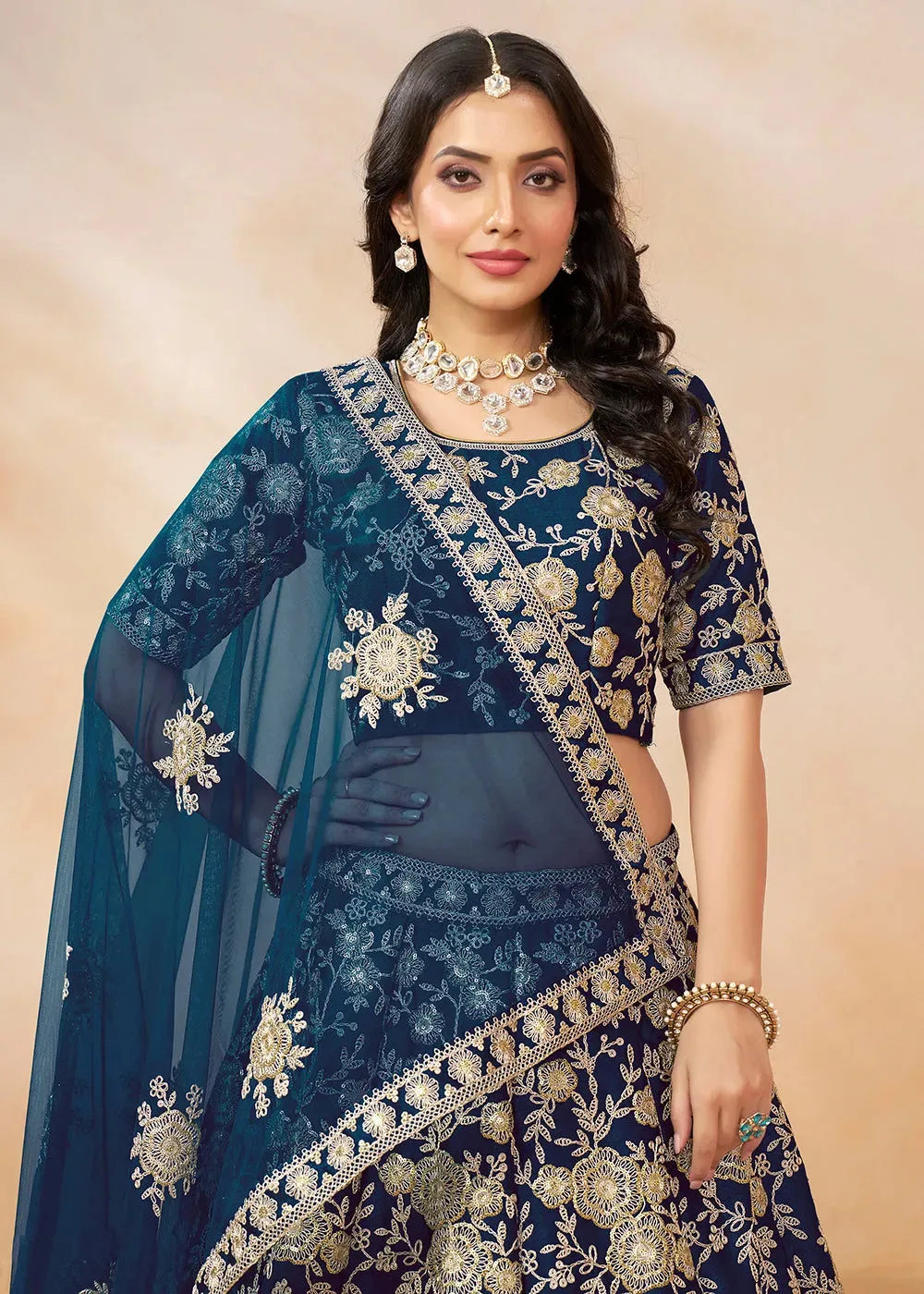 Elegant Designer Navy Blue Embroidered Art Silk Lehenga Choli