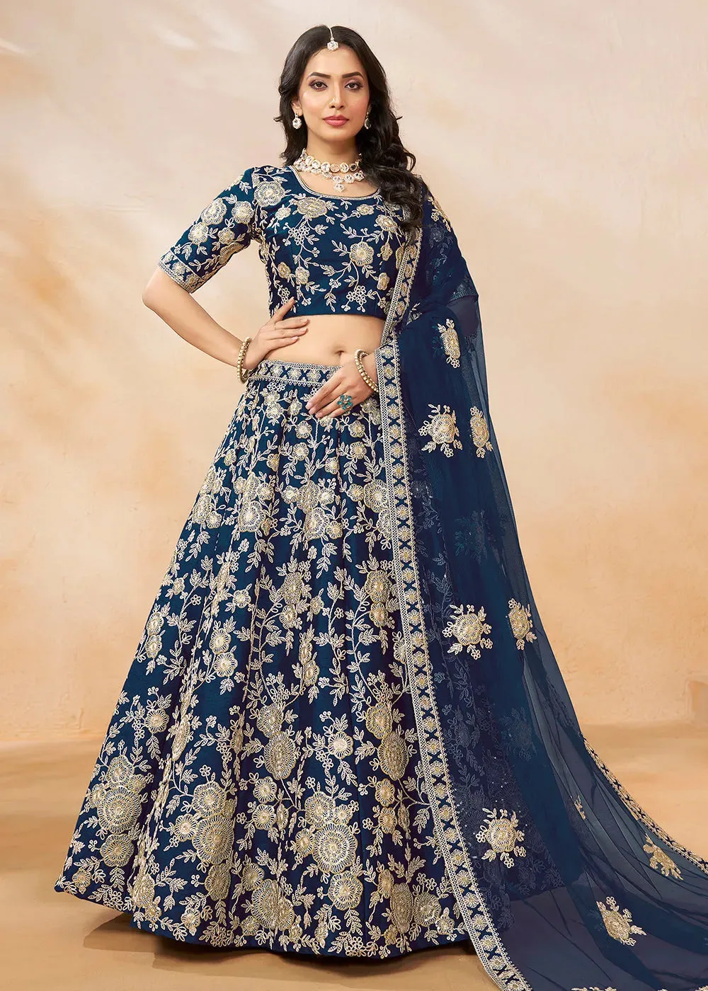 Elegant Designer Navy Blue Embroidered Art Silk Lehenga Choli