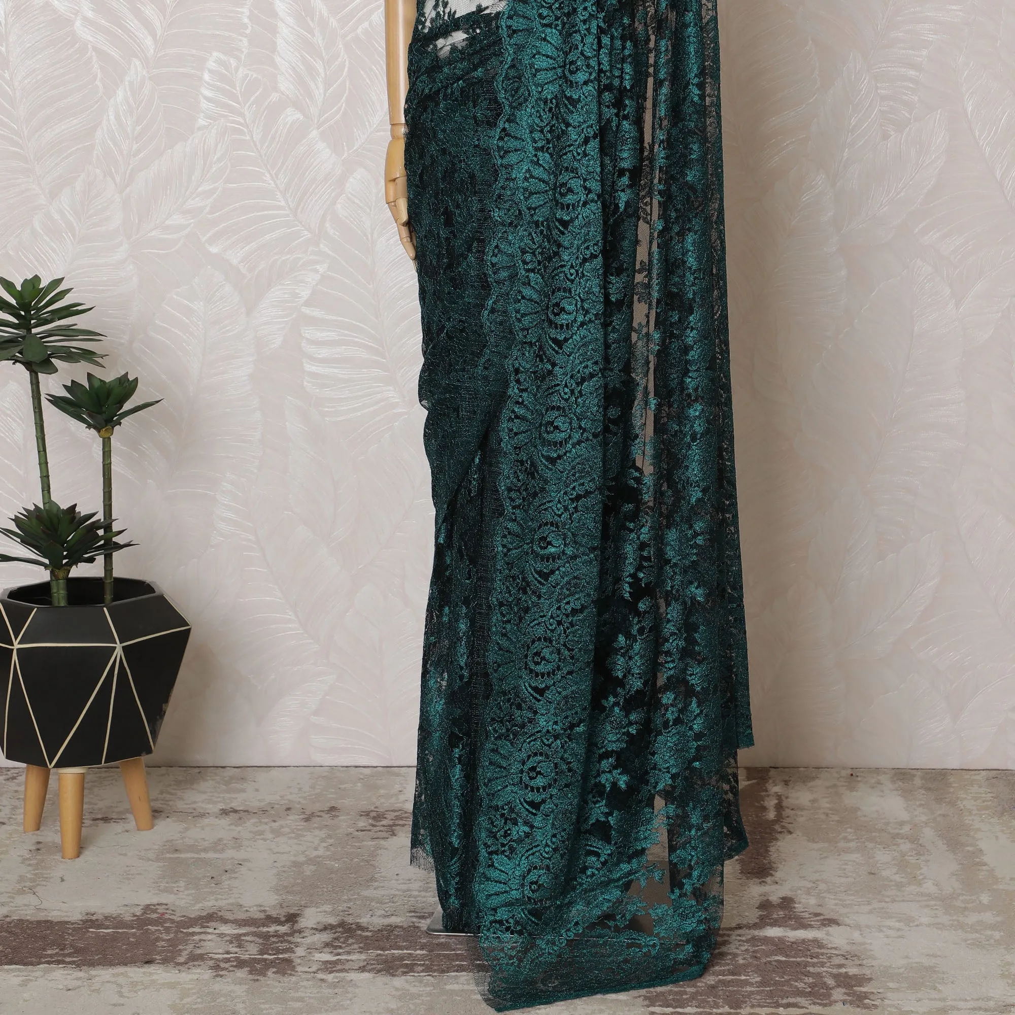 Elegant French Metallic Chantilly Lace Fabric - Teal Green Floral Design, 110 cm Width, 5.5 Meters-D19449