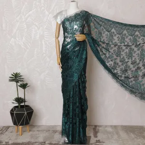 Elegant French Metallic Chantilly Lace Fabric - Teal Green Floral Design, 110 cm Width, 5.5 Meters-D19449