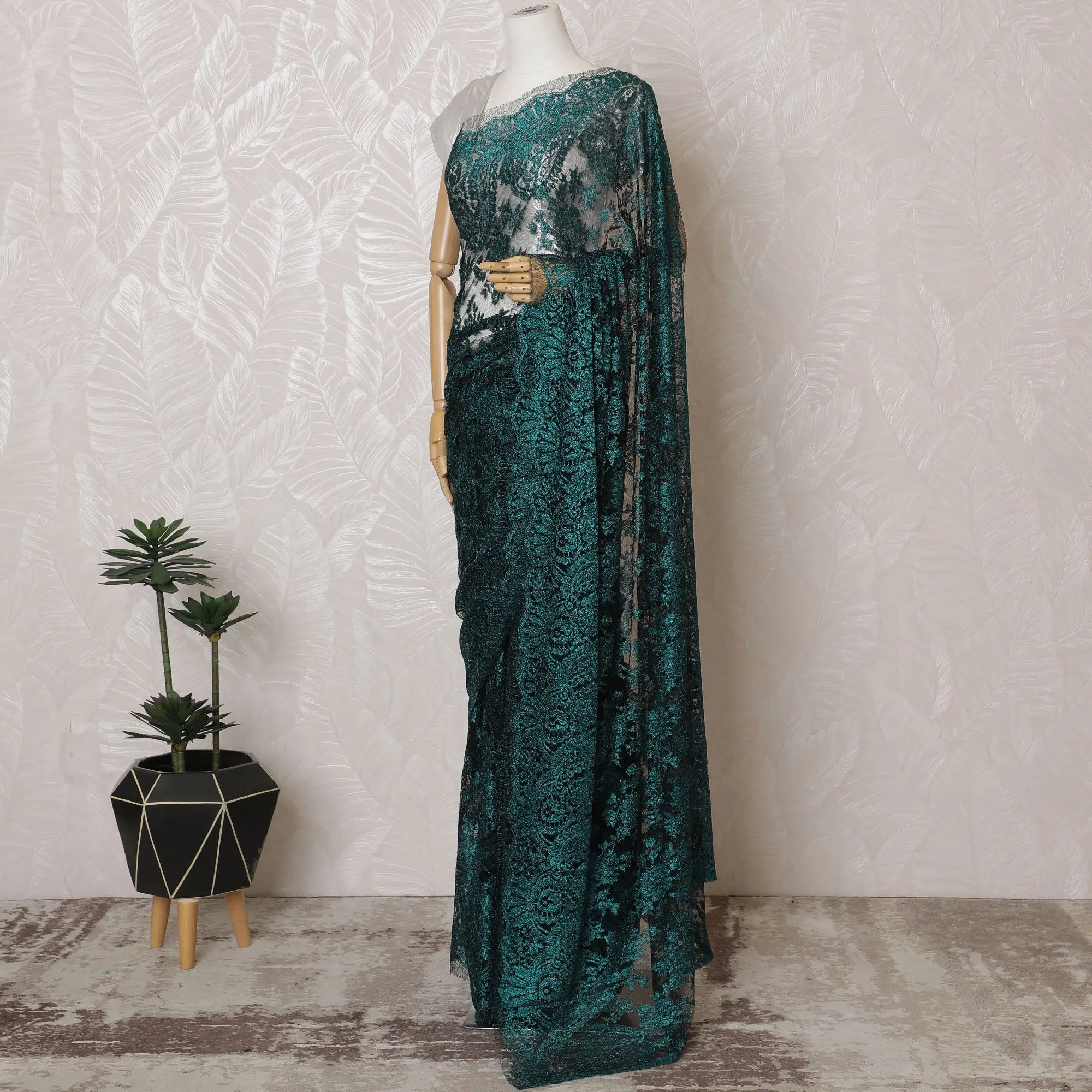Elegant French Metallic Chantilly Lace Fabric - Teal Green Floral Design, 110 cm Width, 5.5 Meters-D19449