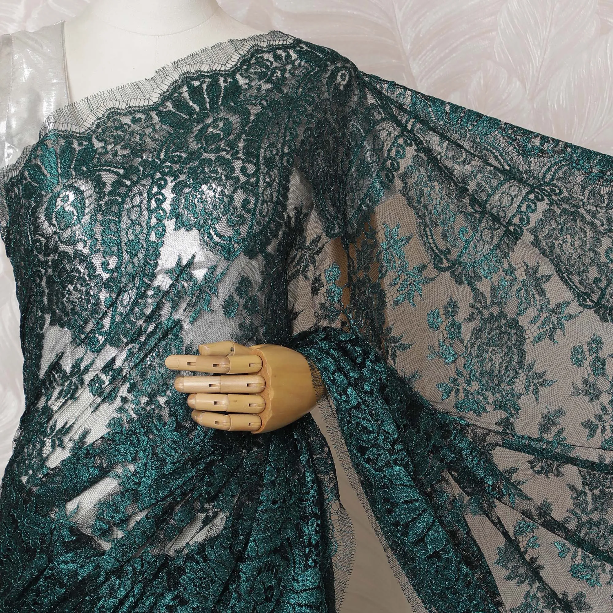 Elegant French Metallic Chantilly Lace Fabric - Teal Green Floral Design, 110 cm Width, 5.5 Meters-D19449