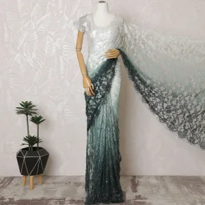 Elegant French Ombre Chantilly Saree Lace with Stone Work - Mint Green and Dark Green, 110 cm Width, 5.5 Mtrs-D19446