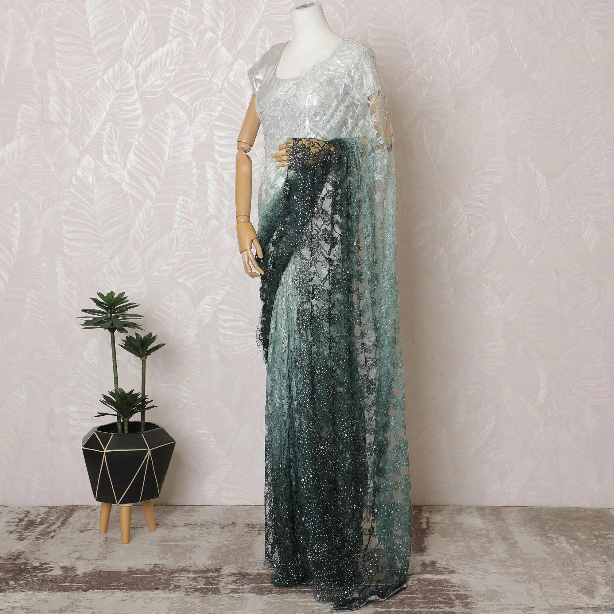 Elegant French Ombre Chantilly Saree Lace with Stone Work - Mint Green and Dark Green, 110 cm Width, 5.5 Mtrs-D19446