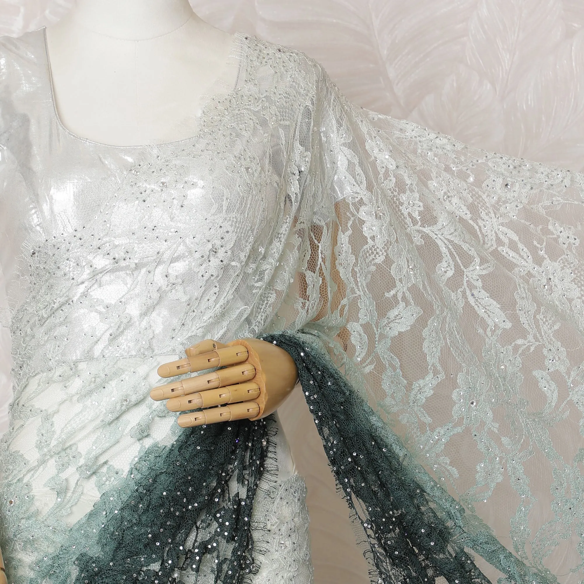 Elegant French Ombre Chantilly Saree Lace with Stone Work - Mint Green and Dark Green, 110 cm Width, 5.5 Mtrs-D19446