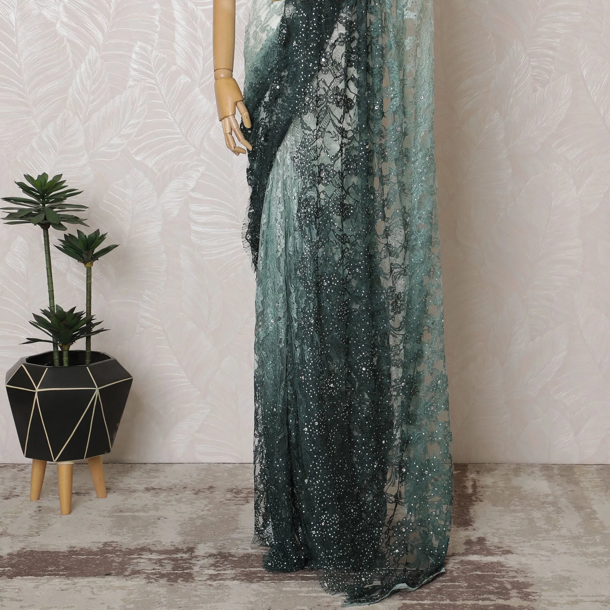 Elegant French Ombre Chantilly Saree Lace with Stone Work - Mint Green and Dark Green, 110 cm Width, 5.5 Mtrs-D19446