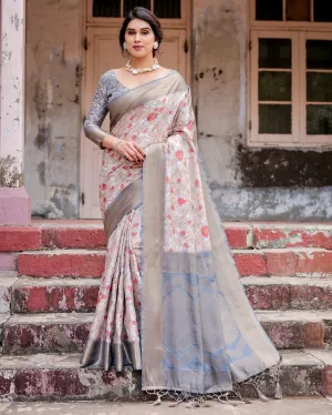 Elegant Grey Banarasi Silk Saree with Intricate Floral Design and Zari Weave