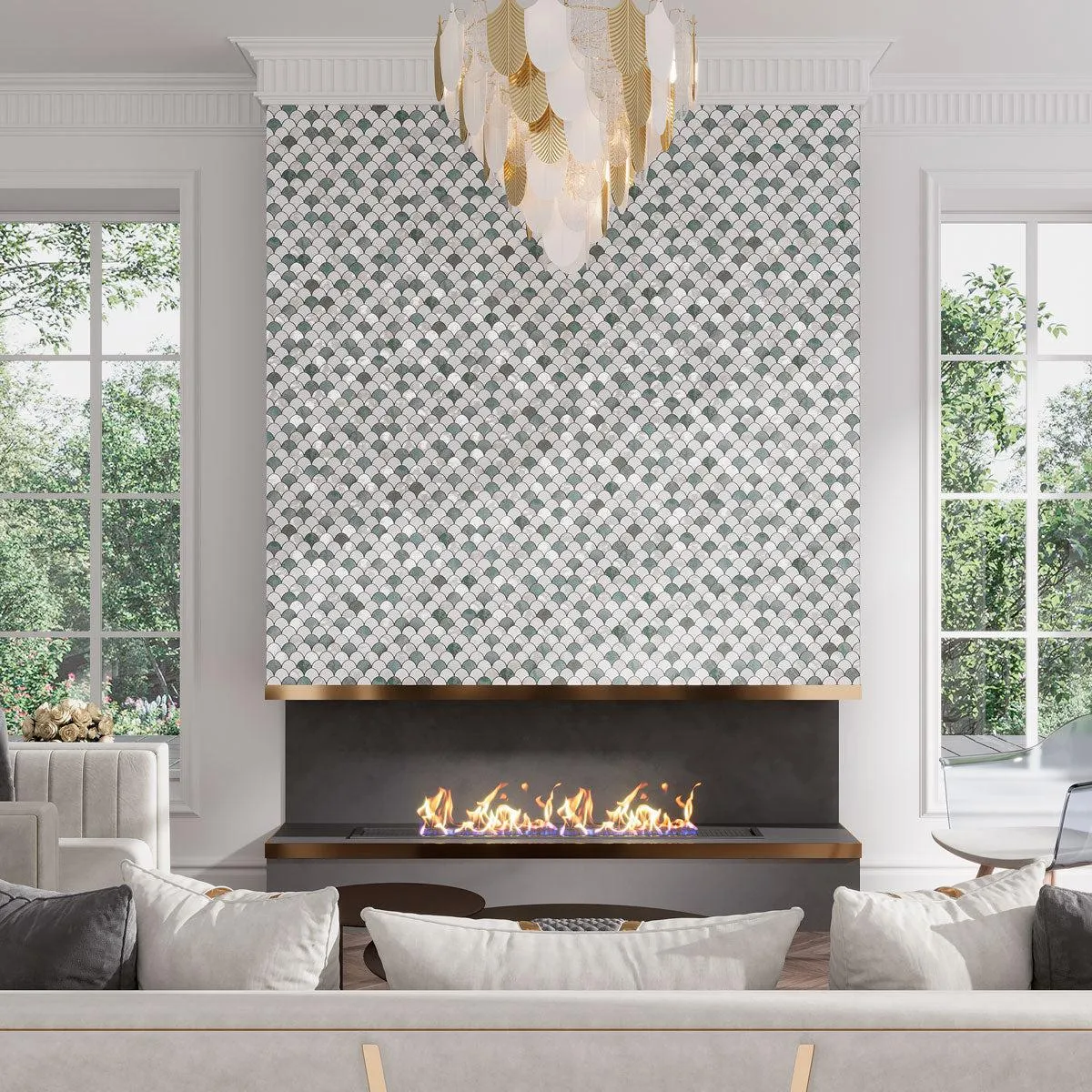 Envy Green Marble and Shell Mini Scale Marble Mosaic Tile