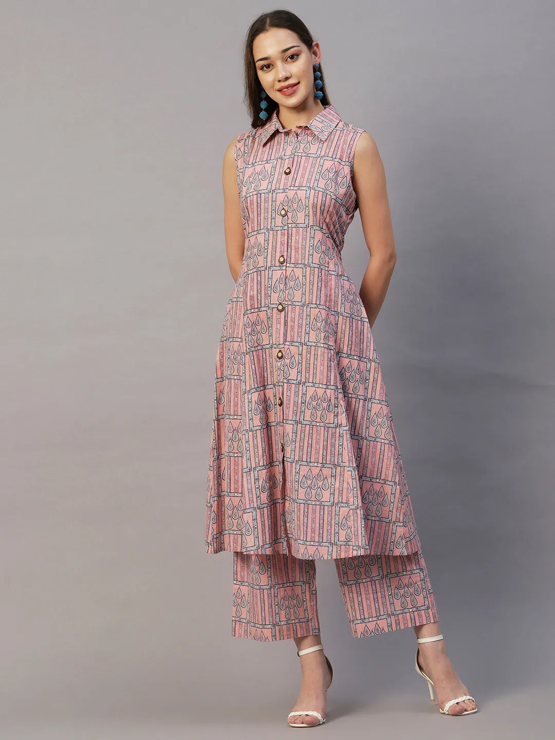 Ethnic Geometric & Stripes Printed A-Line Kurta with Palazzo - Pink