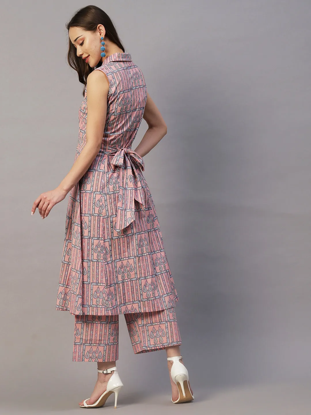 Ethnic Geometric & Stripes Printed A-Line Kurta with Palazzo - Pink