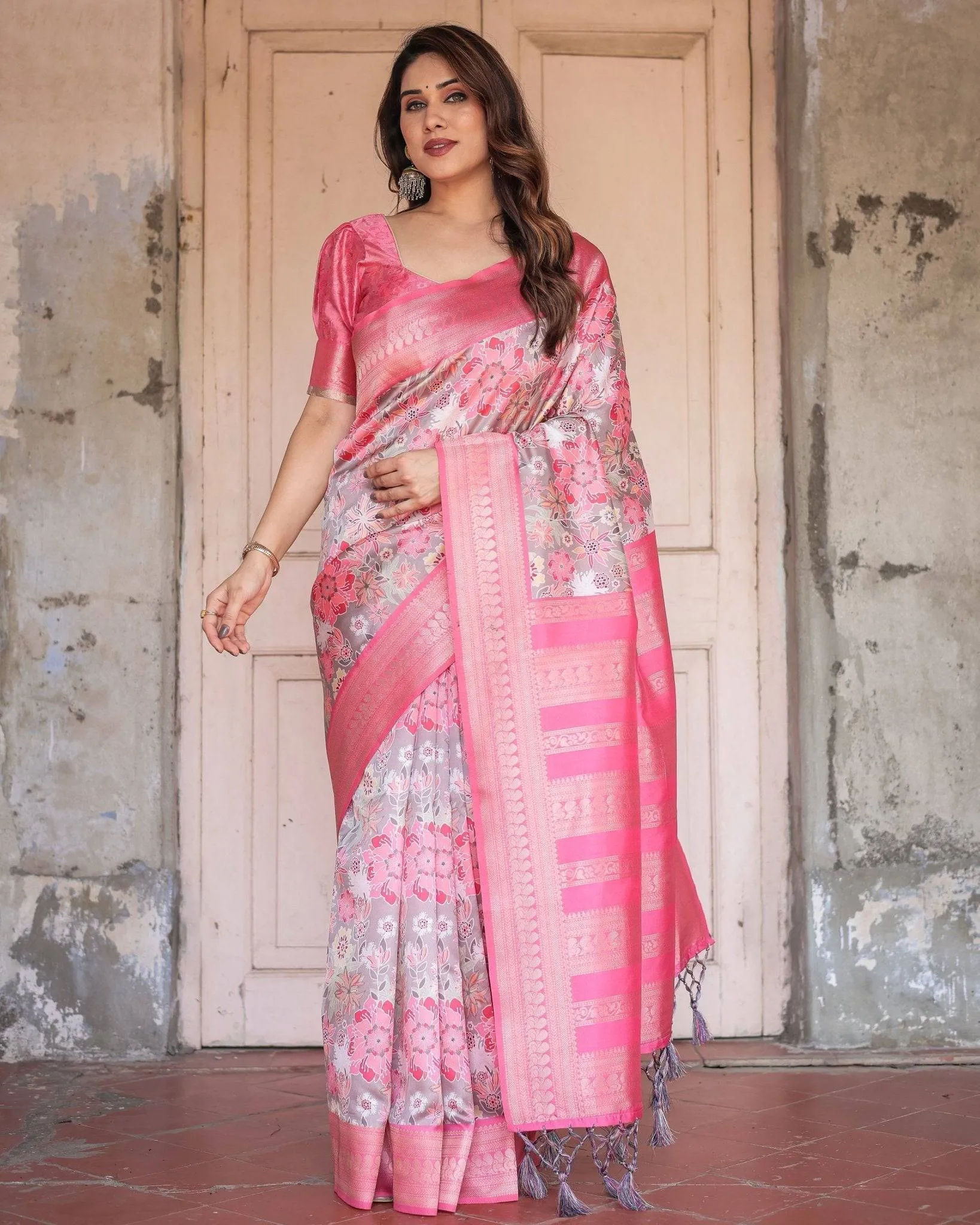 Exquisite Pink and Silver Banarasi Silk Floral Saree with Tassels