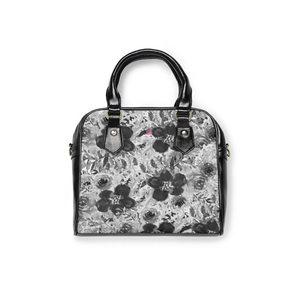 Grey Floral Print Shoulder Handbag, Colorful Best Designer Ladies' 9.45" x 8.27" Shoulder Handbag