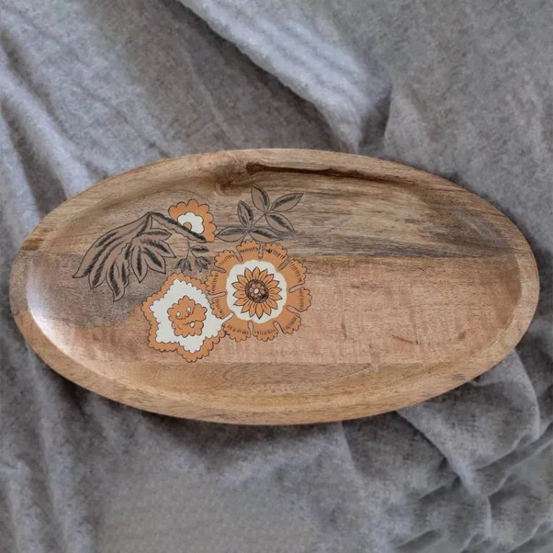 Handprinted Floral Oval Wooden Platter | 18 x 10 inches