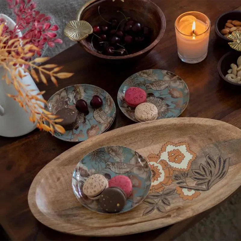 Handprinted Floral Oval Wooden Platter | 18 x 10 inches
