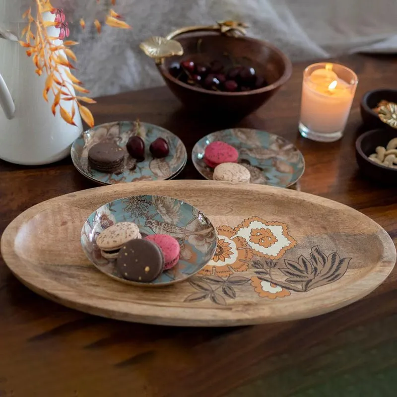 Handprinted Floral Oval Wooden Platter | 18 x 10 inches
