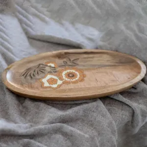 Handprinted Floral Oval Wooden Platter | 18 x 10 inches