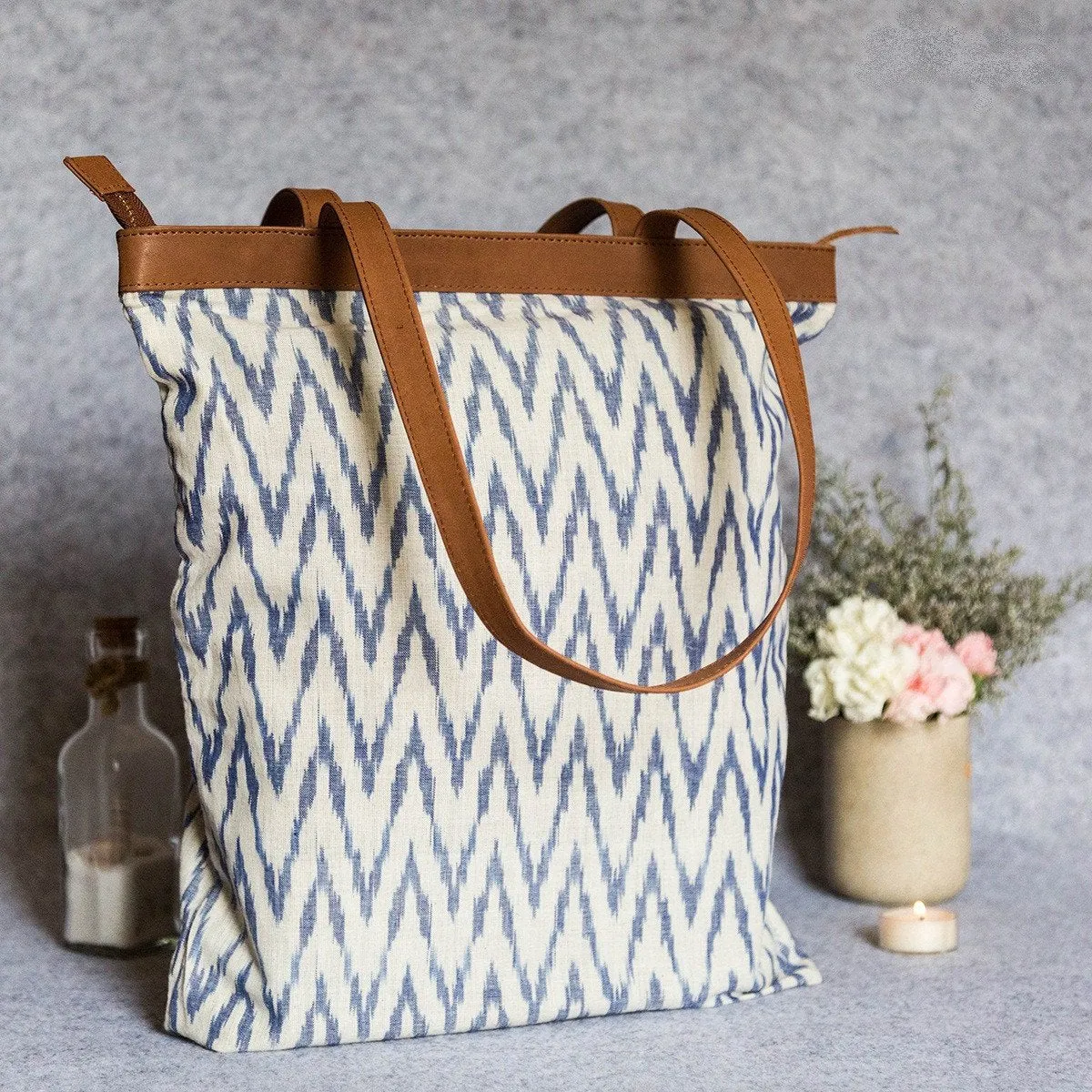 Handwoven Ikat Fabric White and Light Blue Tote