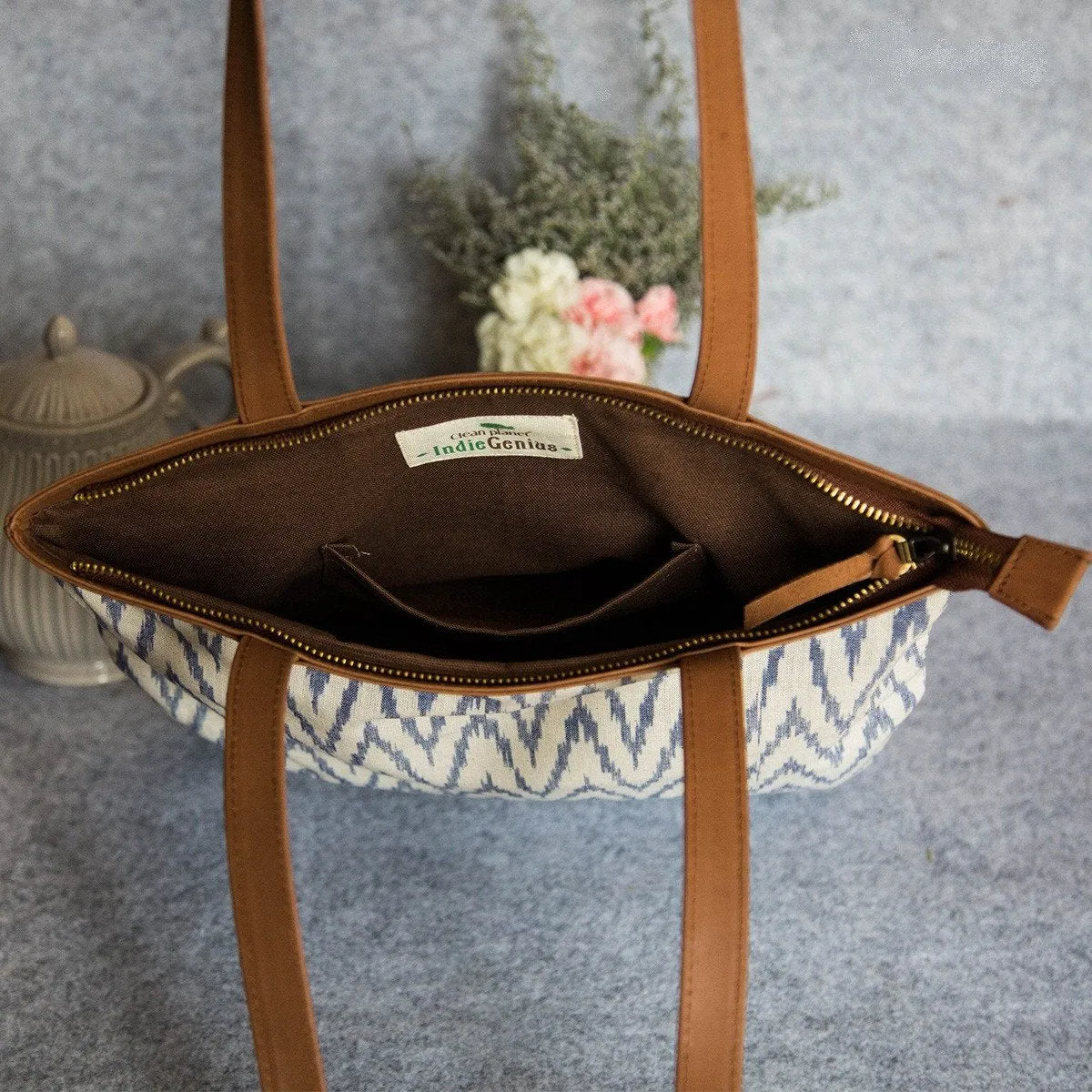 Handwoven Ikat Fabric White and Light Blue Tote