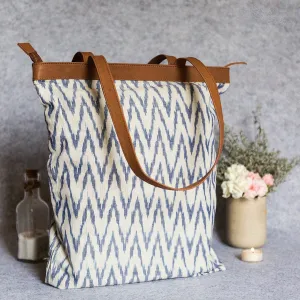 Handwoven Ikat Fabric White and Light Blue Tote