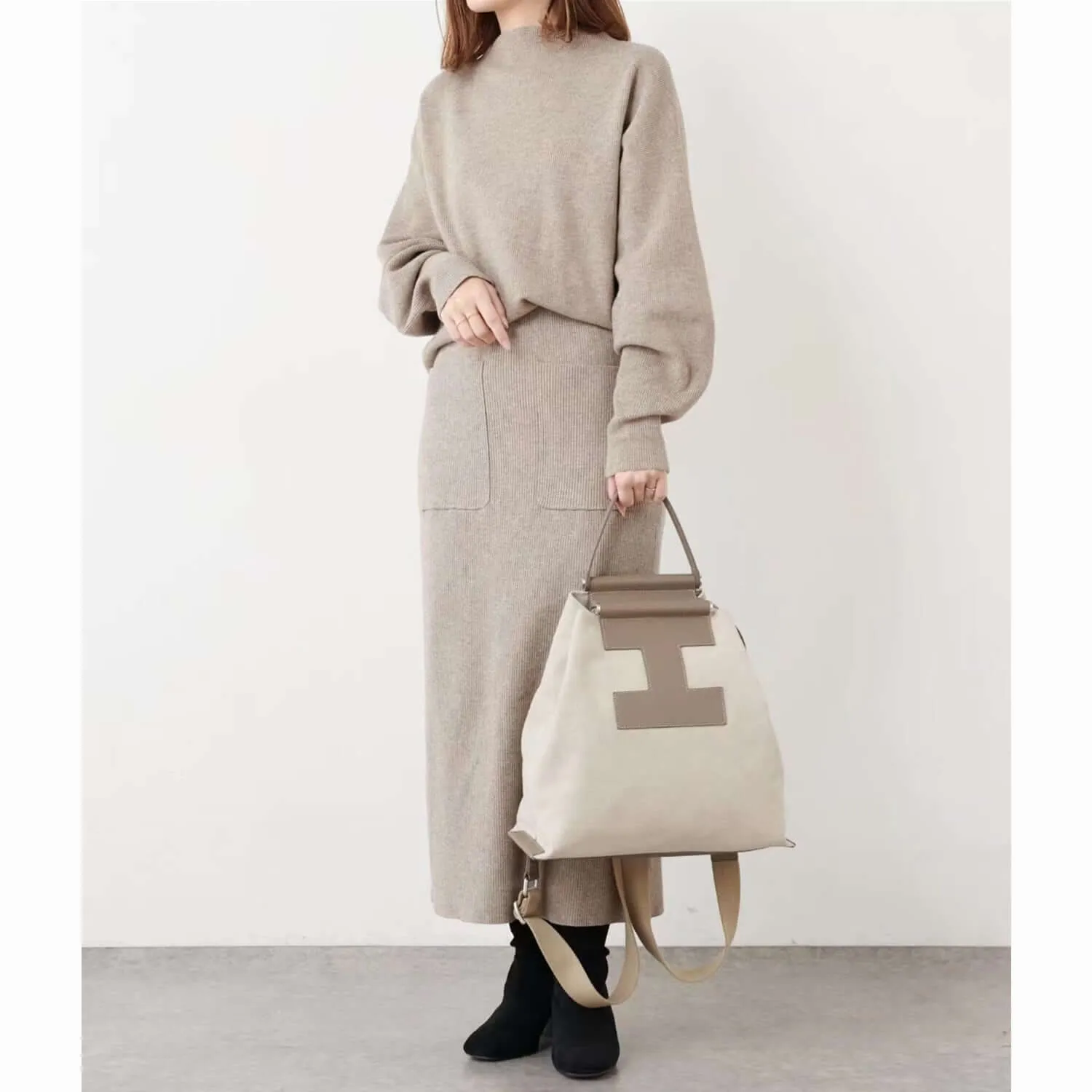 INA - Variety Tote Bag in Leather & Canvas _ Khaki