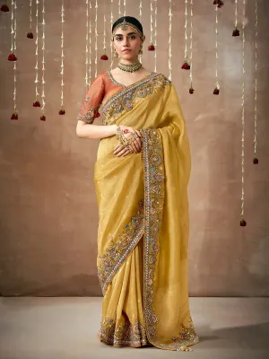 Luminous Mustard Yellow Designer Silk Embroidered Saree