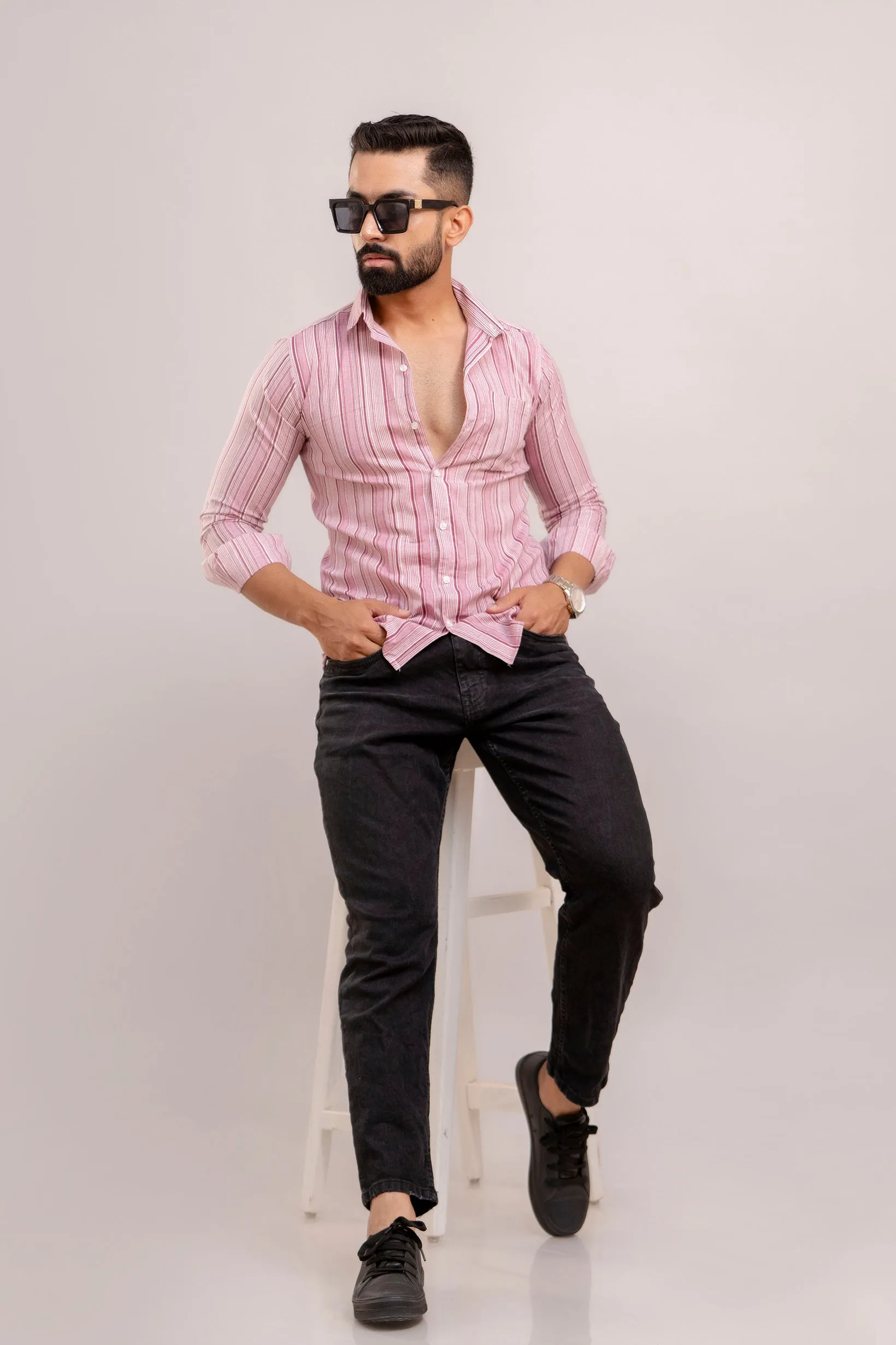 Men Purple Striped Printed Full Sleeves Casual Cotton Shirt