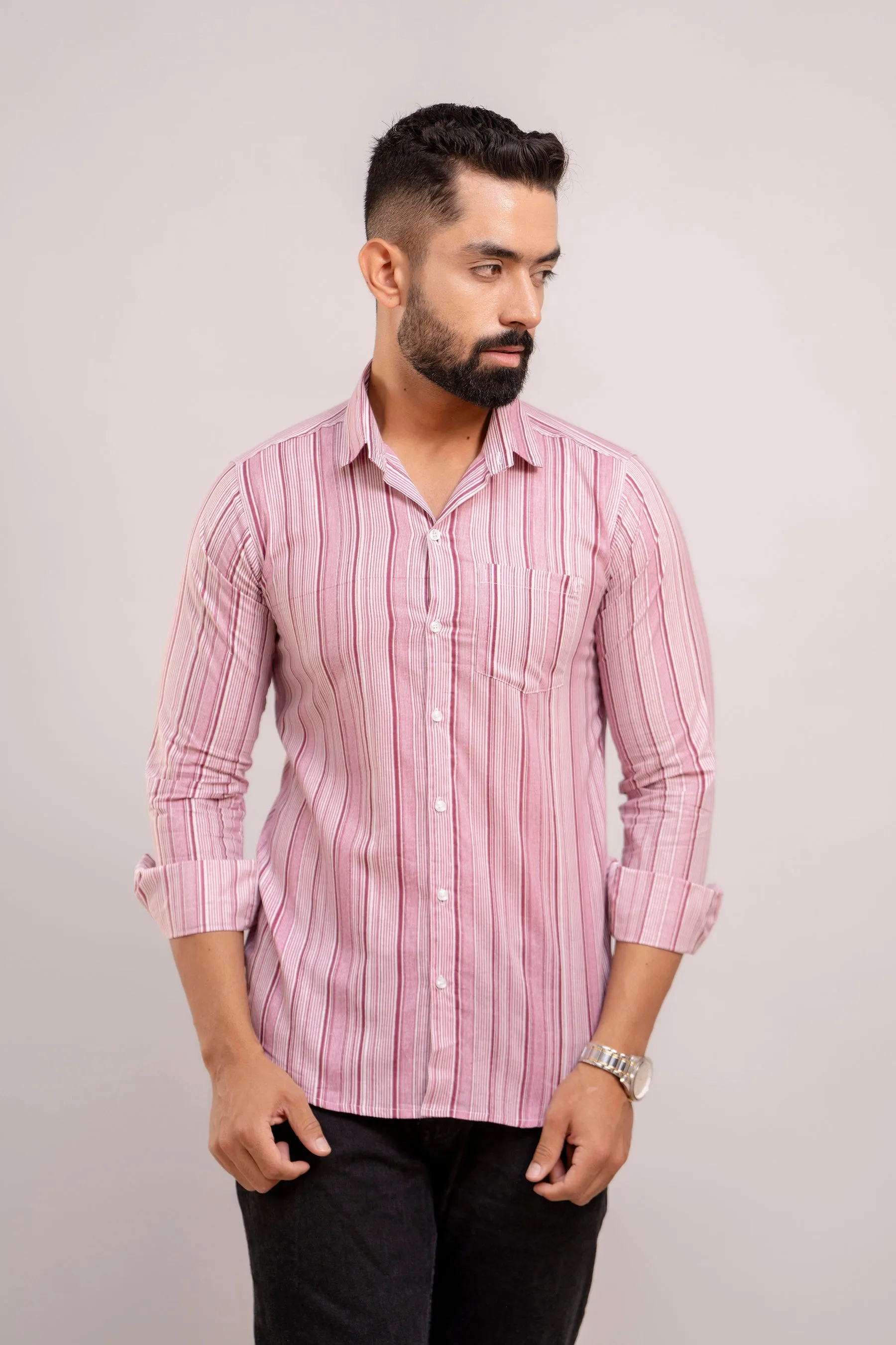 Men Purple Striped Printed Full Sleeves Casual Cotton Shirt