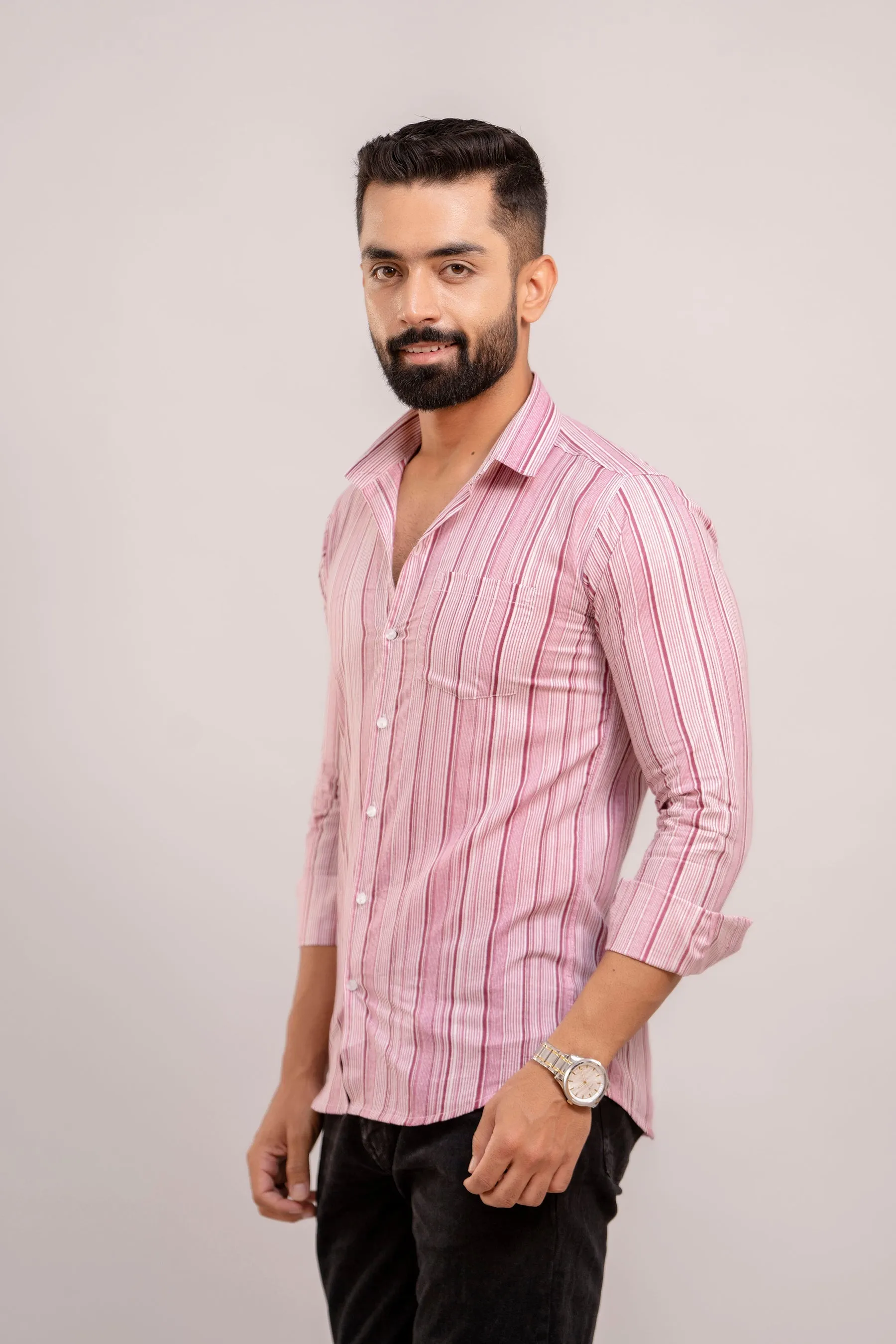 Men Purple Striped Printed Full Sleeves Casual Cotton Shirt