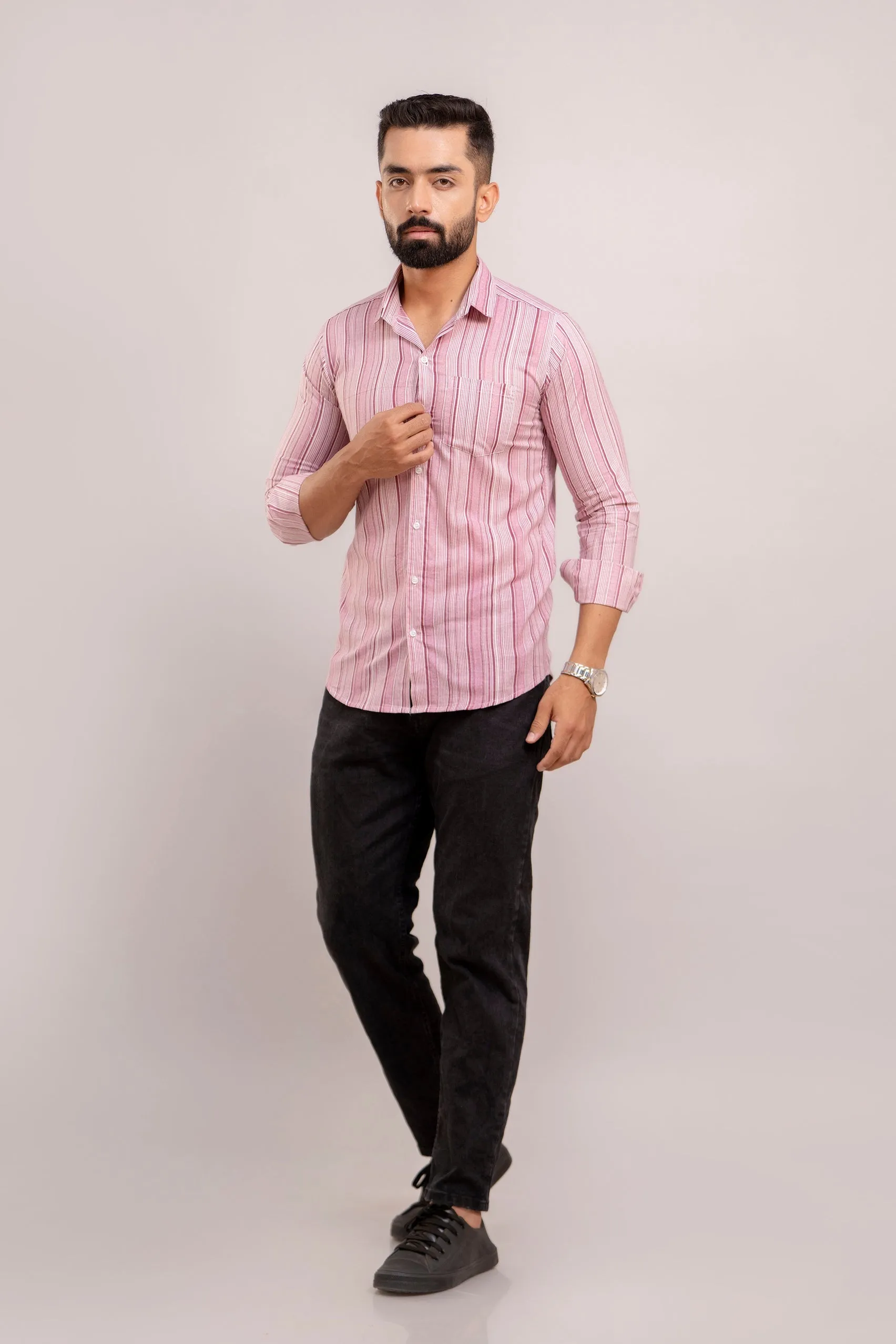 Men Purple Striped Printed Full Sleeves Casual Cotton Shirt