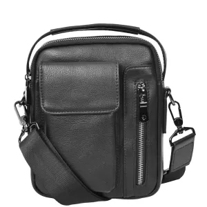 Mens Real Leather Messenger Bag Multiple Zip Pockets Sling Organiser Bag AYD8 Black