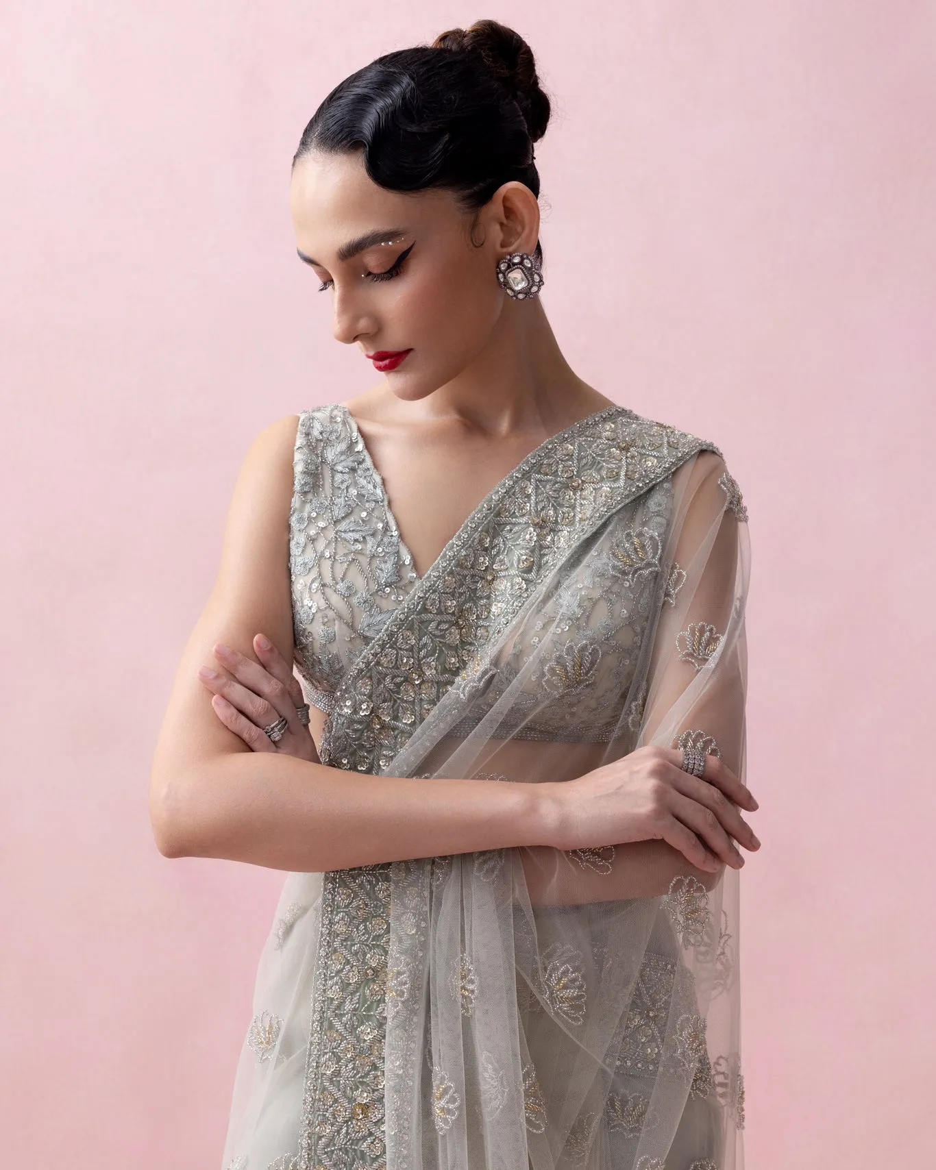 MINT GREEN TULLE SARI WITH ORGANZA BORDER AND THREADWORK BLOUSE
