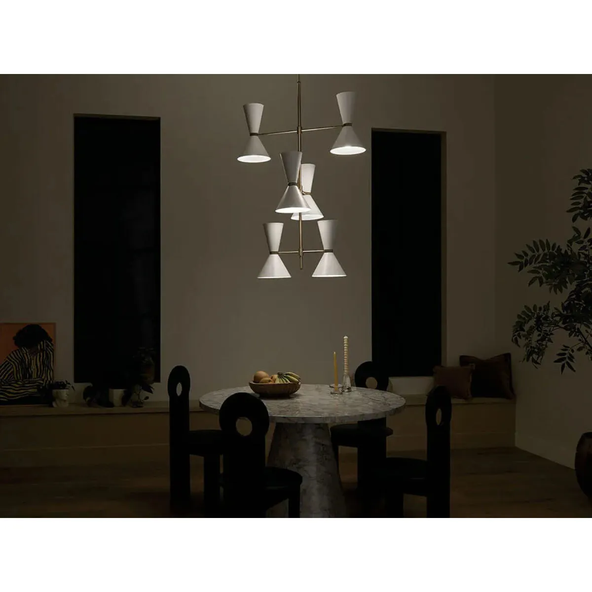 Phix 50" 12-Light Multi-Tier Chandelier with Metal Cone Shade, Champagne Bronze and White Finish