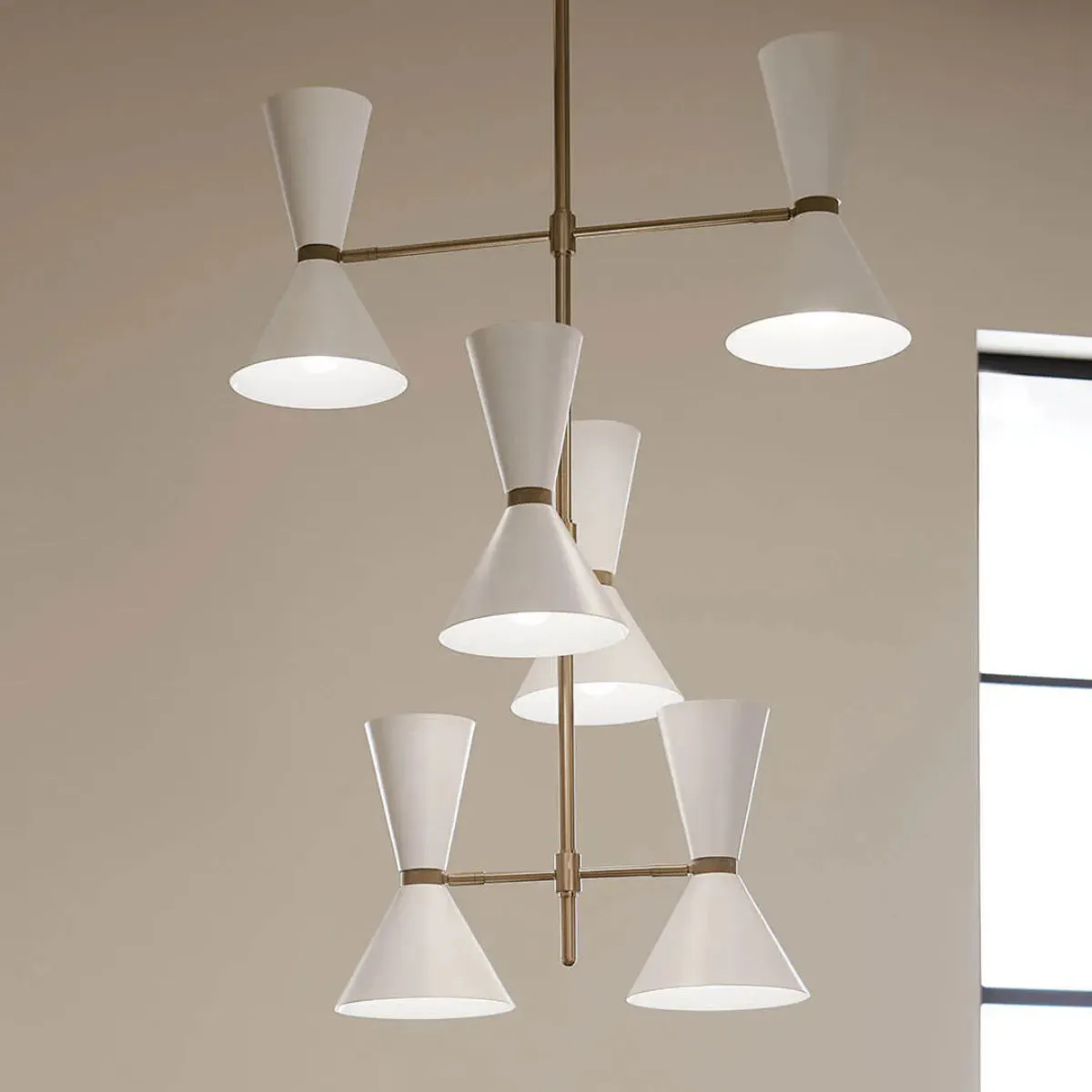 Phix 50" 12-Light Multi-Tier Chandelier with Metal Cone Shade, Champagne Bronze and White Finish