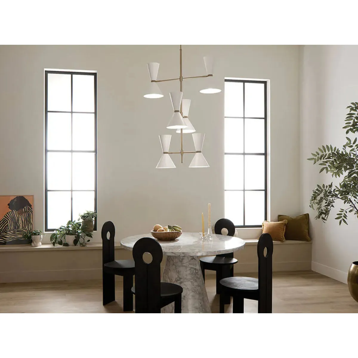 Phix 50" 12-Light Multi-Tier Chandelier with Metal Cone Shade, Champagne Bronze and White Finish