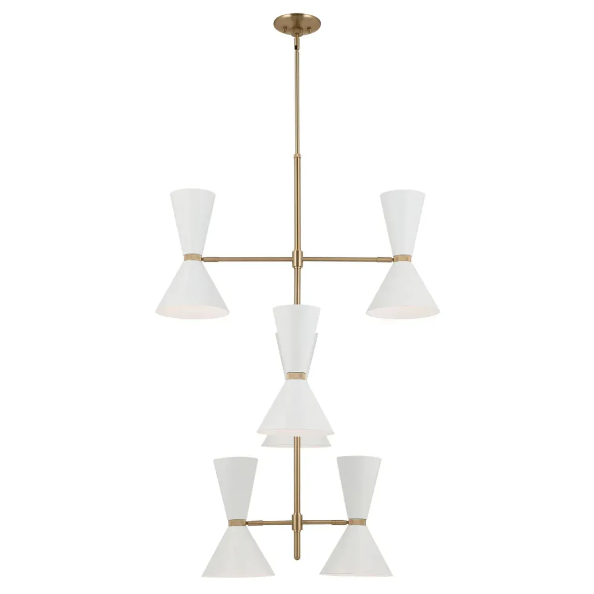 Phix 50" 12-Light Multi-Tier Chandelier with Metal Cone Shade, Champagne Bronze and White Finish